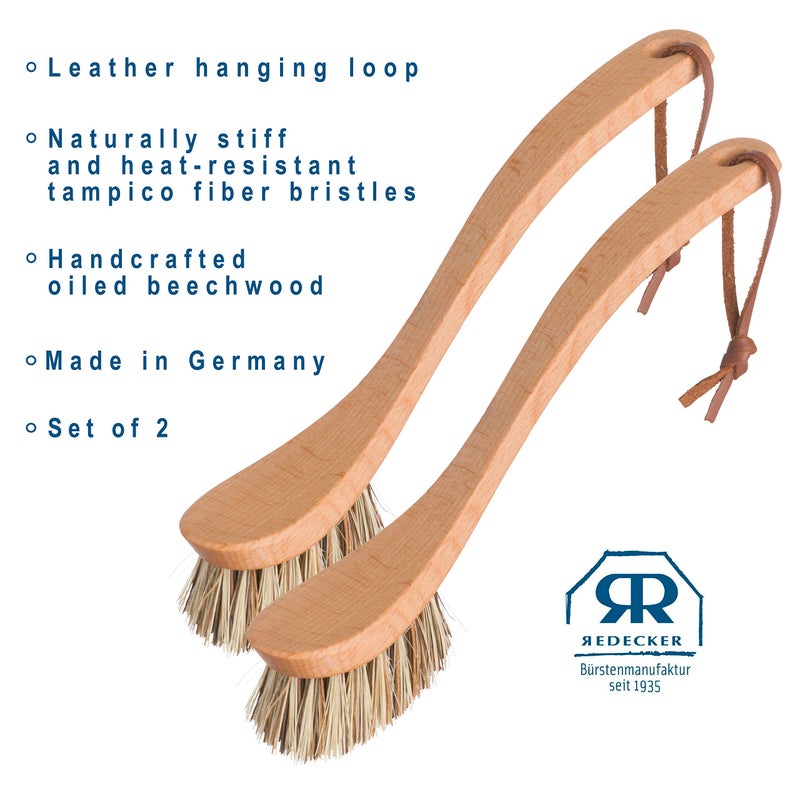 REDECKER Curved Dish Brush, Natural Union Plant Fiber Bristles, Ergonomic Design with Oiled Beechwood Handle, 9-1/4 Inches, Set of 2, Made in Germany - Natural Bristle Dish Brush - Image 4